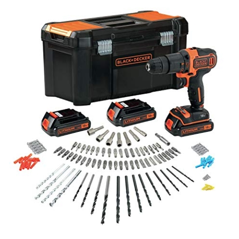 Black+Decker BDCHD181B3A-QW - Schlagbohrmaschine 18 V 1.5 Ah Lithium, 3 Akkus, Schnellladegerät, 120 Zubehöre, Werkzeugkasten