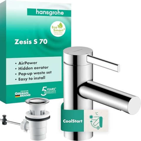 hansgrohe Zesis S - Waschtischarmatur mit Zugstangen-Ablauf, energiesparend (CoolStart), Wasserhahn Bad mit Auslaufhöhe 74 mm, Mischbatterie Waschbecken wassersparend (EcoSmart+), Chrom, 74710000