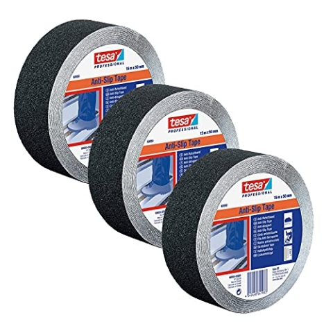 tesa Anti-Rutsch 60950 DIN 51130 - Antirutschband mit Anti-Rutsch-Effekt für sicheren Tritt in riskanten Arbeitsbereichen - für innen und außen - schwarz - je 15 m x 5 cm | 3er Pack