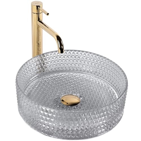 Rea Aufsatzwaschbecken Cristal Light Grey, Waschtisch Handwaschbecken Bad Waschschale Waschbecken für Badezimmer 355 x 355 x 115 mm Glas (transparent)