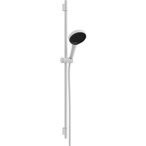 hansgrohe Rainfinity - wassersparendes Duschset (EcoSmart), Sparduschkopf, Brausestange 90cm, Halterung, Designflex Brauseschlauch 160cm, Duschbrause mit 3 Strahlarten, runde Kopfbrause, Mattweiß