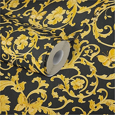 VERSACE WALLPAPER Vliestapete Butterfly Barocco Luxustapete mit Ornamenten barock 10,05 m x 0,70 m gelb metallic schwarz Made in Germany 343252 34325-2