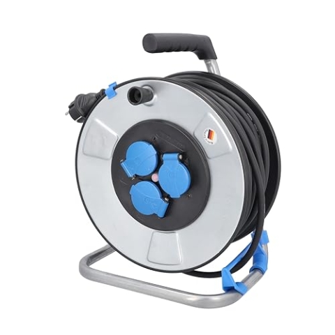 as - Schwabe Xperts Metallkabeltrommel 25 m H07RN-F 3G1,5, IronCoat Schutzisolierung, 3 Schutzkontaktsteckdosen mit Klappdeckel, 230V 16A, BGI608, IP44, Made in Germany, 10313
