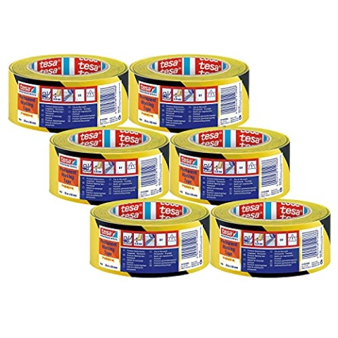 tesa 4169 Bodenmarkierung - 6er-Pack - PVC Bodenmarkierungsband zur Kennzeichnung, für innen und außen - Markierungsband für empfindliche und raue Bodenoberflächen - je 33 m x 5 cm, gelb