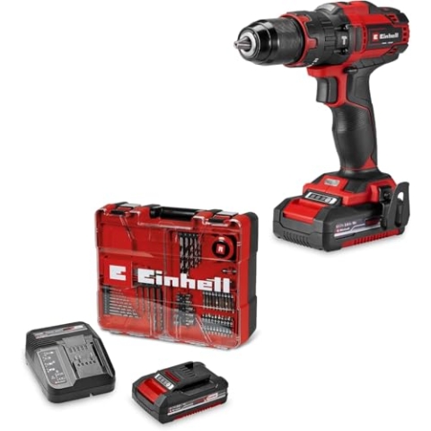 Einhell Akku-Schlagbohrschrauber-Set TE-CD 18/40 Li-i +64 (1x 2,0 Ah) Power X-Change (18 V, 40 Nm, Schlagbohrfunktion, 13 mm Bohrfutter, 2 Gang, inkl. Akku, Ladegerät + Zubehör)