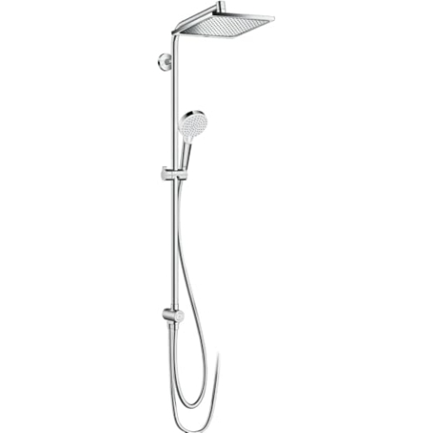 hansgrohe Crometta E - wassersparendes Duschsystem (EcoSmart) ohne Armatur, Regendusche (240 x 240 mm) mit Umsteller, Handbrause, Schlauch, Brausestange und eckiger Kopfbrause, Chrom, 27289000