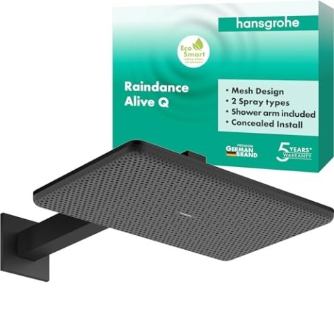 hansgrohe Raindance Alive Q - Kopfbrause mit Brausearm, Duschbrause (340 x 210 mm), Regendusche mit 2 Strahlarten für Wandmontage, Brausekopf mit Antikalk-Funktion, Mattschwarz, 24550670
