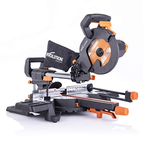 Evolution Schiebe-Kapp- und Gehrungssäge R210SMS-300+ | 1500 W, 300 mm Gleitfunktionalität, Schrägschnitt, Gehrungswinkeln | Ø 210 mm HM TCT Sägeblatt für Multimaterialschnitt | Zug-kapp-gehrungssäge