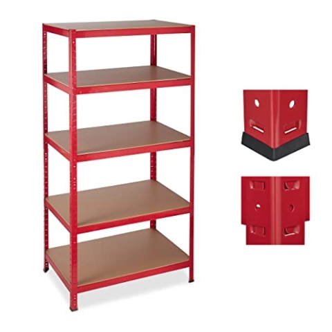 Relaxdays Schwerlastregal, 5 Ebenen, Traglast 1325 kg, Steckregal Keller, Garage, Werkstatt, 180x90x60, Metall/MDF, rot