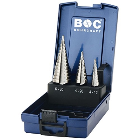Bohrcraft Stufenbohrer Set HSS-G in ABS-Box STB3-K/Ø 4,0-30,0 mm / 3-teilig / 17601330003, Blau, silber