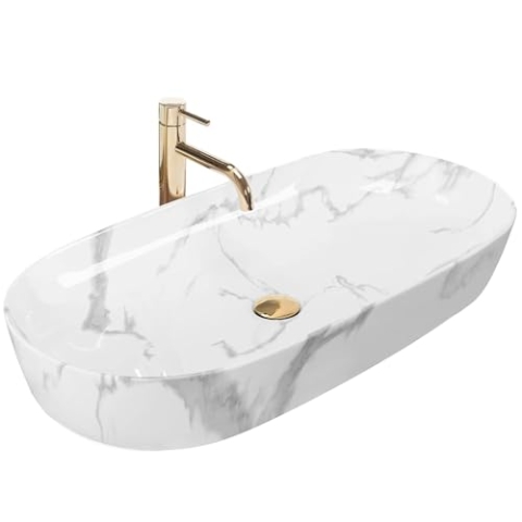 Rea Aufsatzwaschbecken CLEO 81 Shiny Marmo Badwaschbecken 810 x 410 x 135 mm, Keramik (Weiß, Marmorimitat)