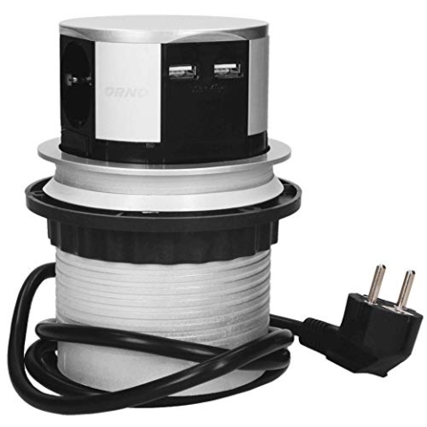 ORNO OR-AE-1342(GS) Versenkbare Einbau Steckdosenleiste 3-Fach + 2X USB Ladegerät 3680W, Ø10cm, Anschlussfertig mit 1,5m Schuko kabellänge