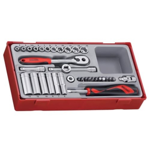 TengTools™ Schweden, kombinierbarer 1/4" Steckschlüsselsatz, metrisch, mit Umschaltknarre, Stecknüssen und Bitsatz, 35-teilig