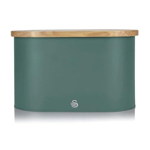 Swan Nordic Brotkasten, Deckel aus Bambusschneidebrett, Bread Bin aus Kohlenstoffstah für die Aufbewahrung von Brot und Wiener Backwaren, Modernes Design, Grün, Stahl, Einheitsgröße