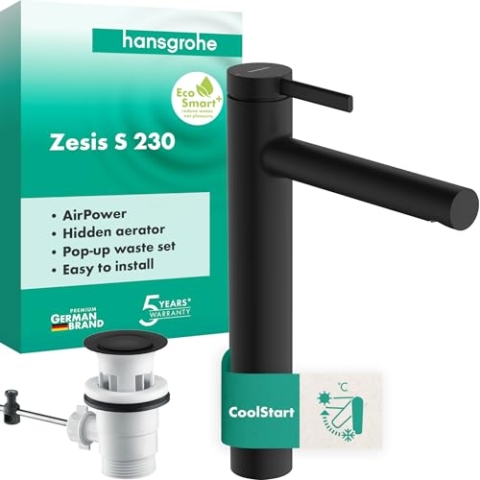 hansgrohe Zesis S - Waschtischarmatur mit Zugstangen-Ablauf, energiesparend (CoolStart), Wasserhahn Bad mit Auslaufhöhe 230 mm, Waschtischmischer wassersparend (EcoSmart+), Mattschwarz, 74730670