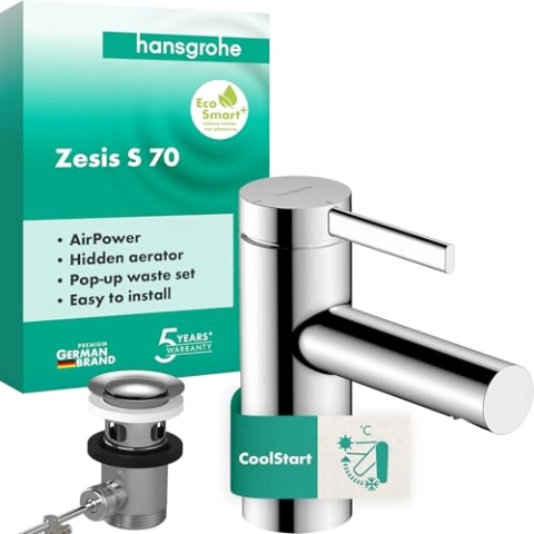 hansgrohe Zesis S - Waschtischarmatur mit Zugstangen-Ablauf aus Metall, energiesparend (CoolStart), Wasserhahn Bad mit Auslaufhöhe 74 mm, Waschtischmischer wassersparend (EcoSmart+), Chrom, 74714000