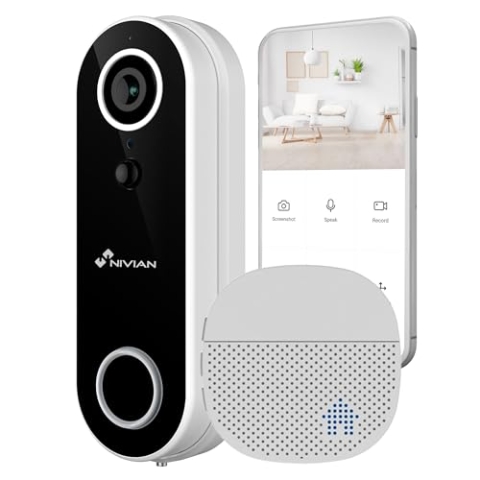 Nivian Intelligente WLAN-Türklingel mit Full-HD-Kamera, bidirektionales Audio, Bewegungserkennung, Nachtsicht, wiederaufladbarer Akku, kompatibel mit App Tuya, Alexa und Google