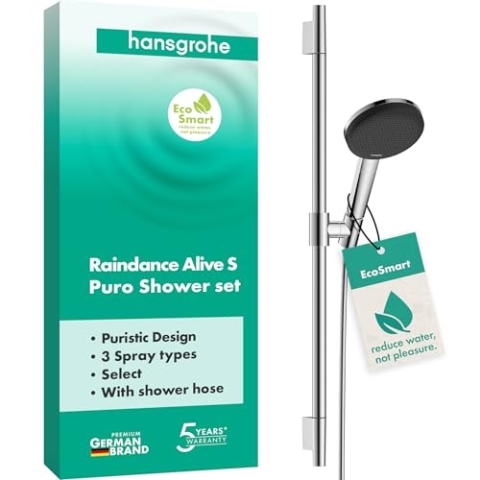 hansgrohe Raindance Alive Select S - Duschset mit Duschkopf wassersparend (EcoSmart, 3 Strahlarten inkl. PowderRain), Duschschlauch (1,60 m) und Duschstange (0,65 m), Chrom, 24602000