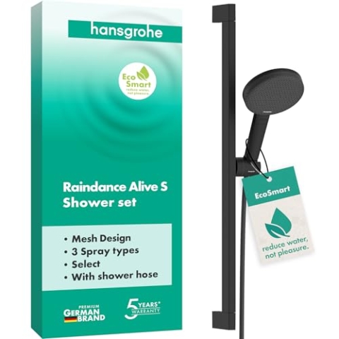 hansgrohe Raindance Alive Select S - Duschset mit Duschkopf wassersparend (EcoSmart, 3 Strahlarten inkl. PowderRain), Duschschlauch (1,60 m) und Duschstange (0,65 m), Mattschwarz, 24600670