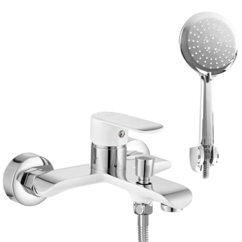 Rea Badewannenarmatur BLOOM WHITE CHROME Wasserhahn Badewanne Einhebel Wannenarmatur mit Handbrause Badarmatur aus Messing Mischbatterie Wandmontage (Gold)