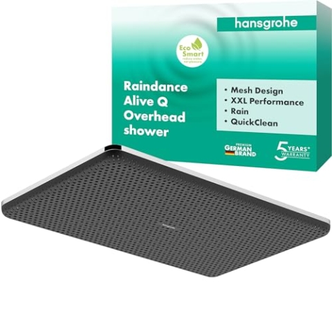 hansgrohe Raindance Alive Q - wassersparende Kopfbrause (EcoSmart), Duschbrause (340 x 210 mm), Regendusche mit 1 Strahlart für Wand-/Deckenmontage, Brausekopf mit Antikalk-Funktion, Chrom, 24531000