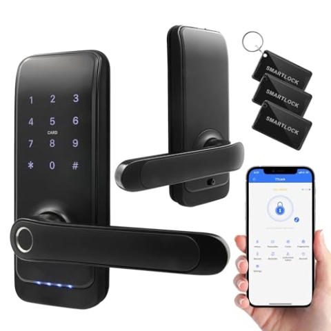 EURA ELH-01H4 Smartes Türschloss mit Griff, Codeschloss, 13,56 MHz Näherungsleser, biometrisches Lesegerät, App TTLock/TTHotel, IP65, universeller Riegelabstand, schwarz