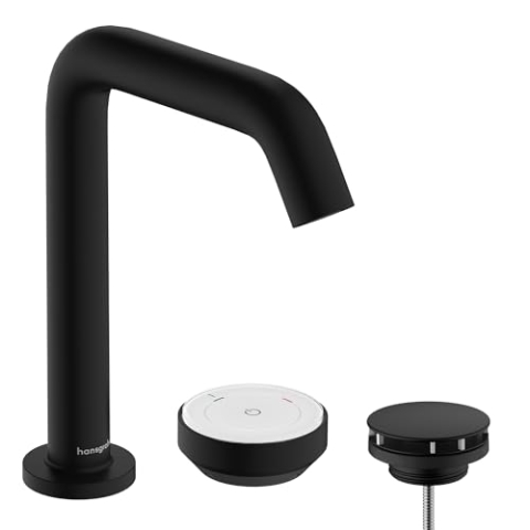 hansgrohe Tecturis S - 2-Loch Waschtischarmatur mit Ablauf, energiesparend (CoolStart), Wasserhahn Bad mit Auslaufhöhe 151mm, Mischbatterie Waschbecken wassersparend (EcoSmart+), Mattschwarz, 73353670