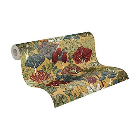 Architects Paper Dschungeltapete Floral Impression Tapete natürlich PVC-freie Vliestapete gelb rot blau pink creme matt glatt 377571 37757-1, 10.05 m x 0.53 m