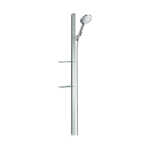 hansgrohe Duschsystem (Duschkopf, Schlauch, Duschstange, Raindance Select S 120 Regendusche 1,50m mit zwei Ablagen, 3 Strahlarten) Chrom