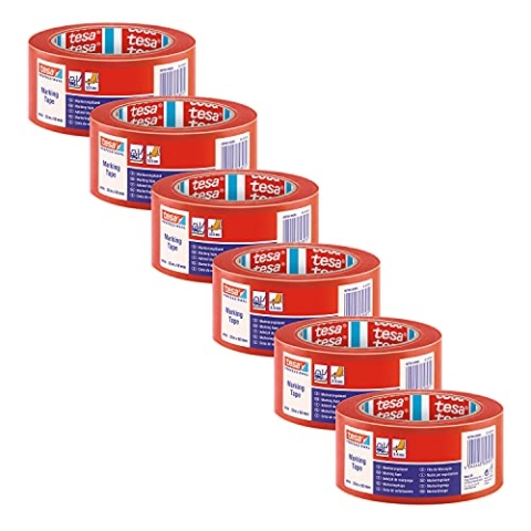 tesa 60760 Bodenmarkierung Markierungsband aus weichem PVC - Warnband für temporäre Arbeitsbereich-Kennzeichnung, ideal für Innenbereiche - rot - je 33 m x 5 cm | 6er Pack