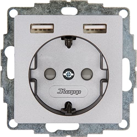 Kopp HK07 - Unterputz-Schutzkontakt-Steckdose mit 2 USB-Ladebuchsen, Farbe: Stahl, 1er Pack, 296247006