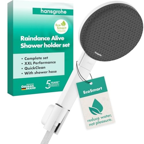 hansgrohe Raindance Alive Select S - Duschset mit Duschkopf wassersparend (EcoSmart, 3 Strahlarten inkl. PowderRain), Duschschlauch (1,60 m) und Duschkopfhalterung, Mattweiß, 24611700