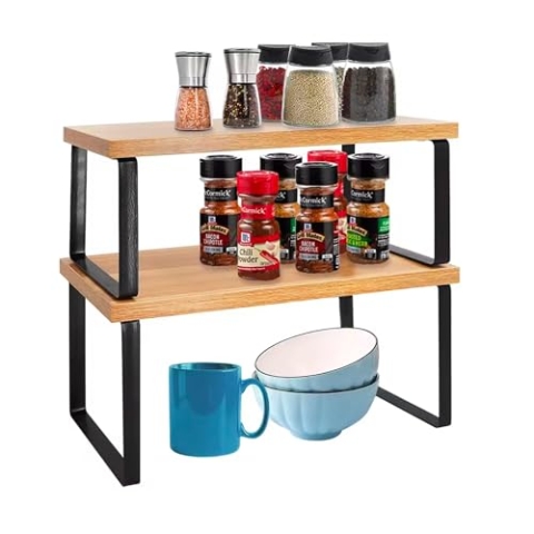 Avilia Set mit 2 Regalen für die Küche – Elegantes Design aus Bambus und schwarzem Metall | Regal für Gewürze und Gläser – großer platzsparender Stauraum 40 x 19,5 x 15,5 cm