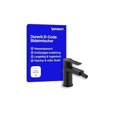 Duravit D-Code Einhebel-Bidetmischer (Auslauf Höhe 128 mm), Bidetmischer mit Zugstangen-Ablaufgarnitur, Schwarz Matt