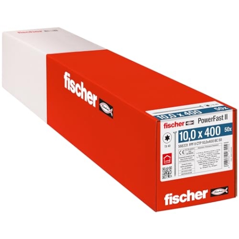 fischer PowerFast II CTP 10,0 x 400, kraftvolle Holzbauschraube mit Senkkopf, Innenstern-Aufnahme und Teilgewinde, für den konstruktiven Holzbau, 50 Stk.