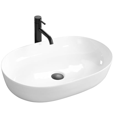 Rea Aufsatzwaschbecken CLEO WHITE, Waschtisch Handwaschbecken Waschschale Waschbecken für Badezimmer aus hochwertiger Keramik, 605 x 410 x 140 mm (weiß)