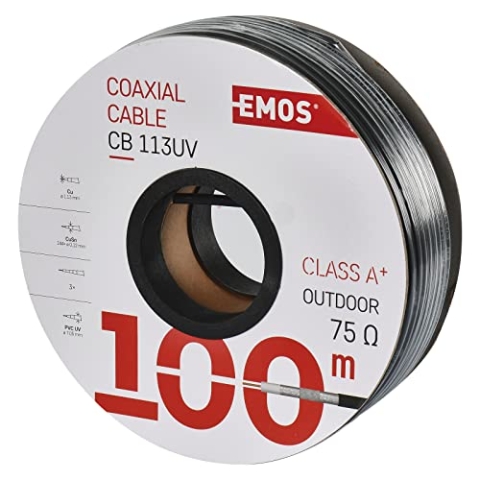 EMOS S5265 Antennenkabel CB113UV, 100 m, Class A+ für Außen, schwarzes Fernsehkabel, dreifach geschirmtes Koaxialkabel, Schirmungsmaß 97dB, Widerstand 75 Ohm