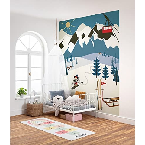 Komar Disney Vlies Fototapete - Mickey Alpine - Größe: 200 x 250 cm (Breite x Höhe) - Winter, Mouse, Ski, Kinderzimmer, Tapete - IADX4-039