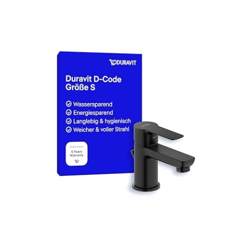 Duravit D-Code Waschtischarmatur, Größe S (Auslauf Höhe 125 mm), energiesparende Waschbecken Armatur (FreshStart), wassersparender Wasserhahn (MinusFlow), mit Zugstangen-Ablaufgarnitur, Schwarz Matt