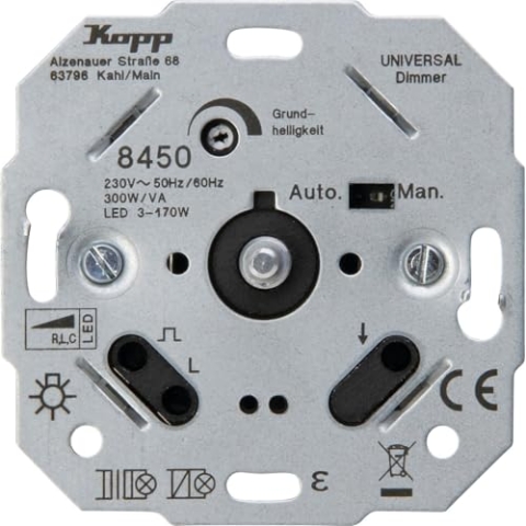 Kopp Universal Druck Dimmer Sockel, für LED, Phasenan- und Phasenabschitt für LED 3-170 Watt, Glühlampen 10-250 W, 230V Halogen- und Niedervolt-Halogenlampen 845000186
