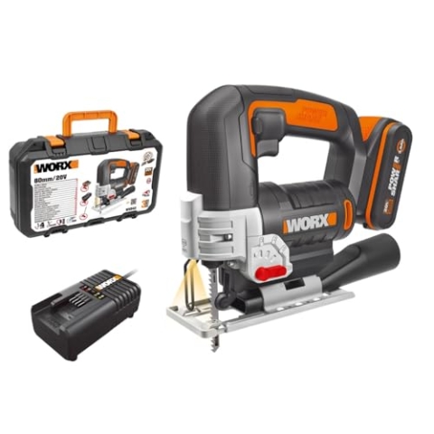 WORX WX543 Akku-Pendelhub-Stichsäge 20V Profi Stichsäge mit Absaug-Adapter Ideal auch für Gehrungsschnitte PowerShare kompatibel Schwarz