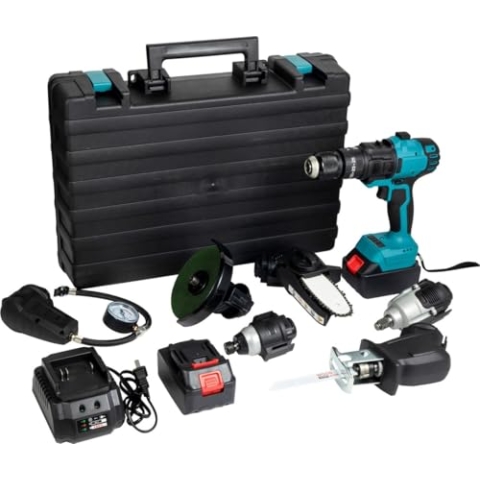 ROYALTY LINE, Set aus kabellosen Bohrmaschinen 7 in 1 mit Kettensäge, Luftpumpe, Winkelschleifer, Schlagschrauber, 2 Akkus 24V, Aufbewahrungstasche - Größe: Kompakt, Farbe: Blau
