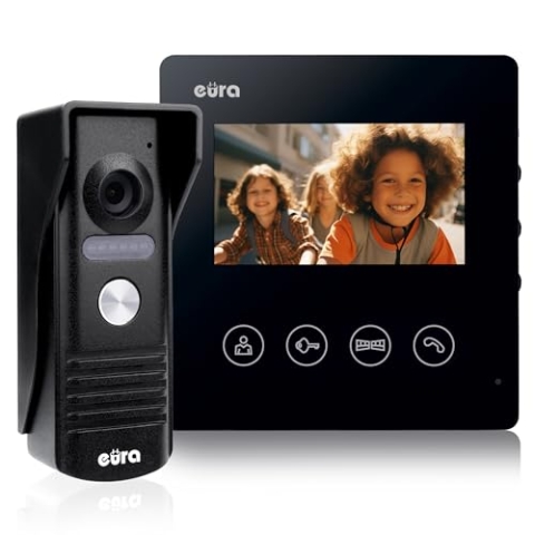 EURA VDP-52A3 ATIRA Video-Türsprechanlage Gegensprechanlage 4 Draht, 4,3-Zoll-Farbmonitor, 2 Eingänge, Schwarz