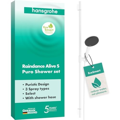 hansgrohe Raindance Alive Select S - Duschset mit Duschkopf wassersparend (EcoSmart, 3 Strahlarten inkl. PowderRain), Duschschlauch (1,60 m) und Duschstange (0,90 m), Mattweiß, 24603700