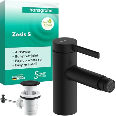 hansgrohe Zesis S - Bidetarmatur mit Zugstangen-Ablauf, Einhebel-Bidetmische wassersparend (EcoSmart) mit Auslaufhöhe 83 mm, Mattschwarz, 74200670