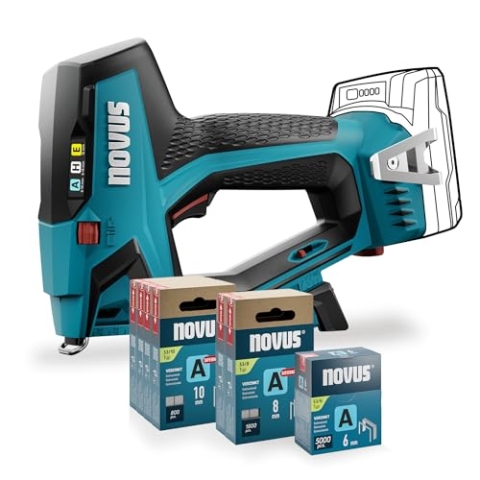 NOVUS TOOLS Akku Tacker J-550 Set mit 11.800 Klammern │ Für Feindrahtklammern 6-14 mm und Nägel 16 mm │ Kompatibel mit 18V Li-Ion CAS Akku │ Ohne Akku und Ladegerät │ Profi-Tacker für Holz