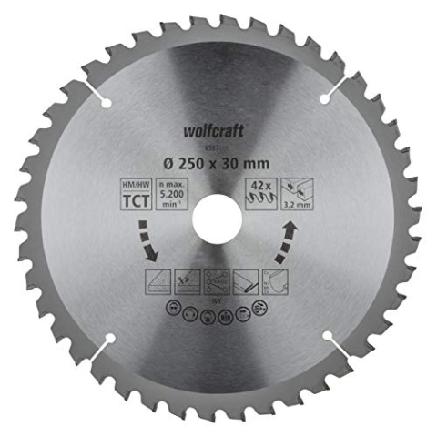 wolfcraft Tischkreissägeblatt Ø 250 mm I 6583000 I feine, saubere Schnitte durch Holz, Kunststoff, Metall I hochhitzebeständiges HM-Blatt I 42 Zähne