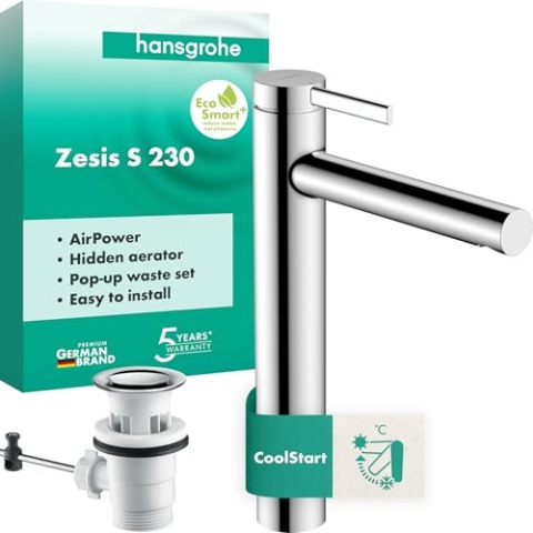 hansgrohe Zesis S - Waschtischarmatur mit Zugstangen-Ablauf, energiesparend (CoolStart), Wasserhahn Bad mit Auslaufhöhe 230 mm, Mischbatterie Waschbecken wassersparend (EcoSmart+), Chrom, 74730000