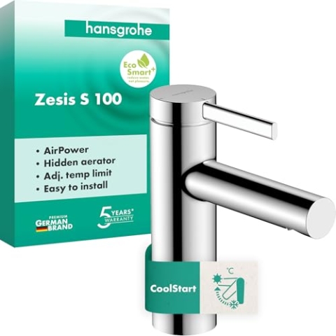 hansgrohe Zesis S - Waschtischarmatur ohne Ablauf, energiesparend (CoolStart), Wasserhahn Bad mit Auslaufhöhe 104 mm, Mischbatterie Waschbecken wassersparend (EcoSmart+), Chrom, 74721000