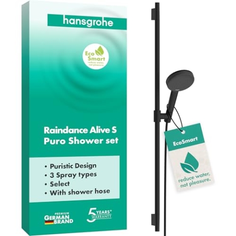 hansgrohe Raindance Alive Select S - Duschset mit Duschkopf wassersparend (EcoSmart, 3 Strahlarten inkl. PowderRain), Duschschlauch (1,60 m) und Duschstange (0,90 m), Mattschwarz, 24603670